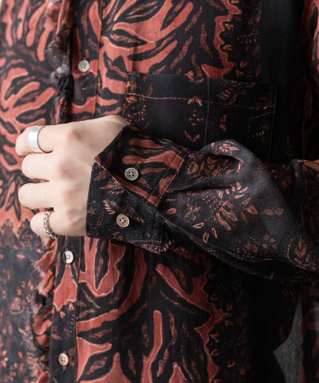 【ANTHEM A】BOTANICAL PRINT FRILL L/S SHIRT - BROWN