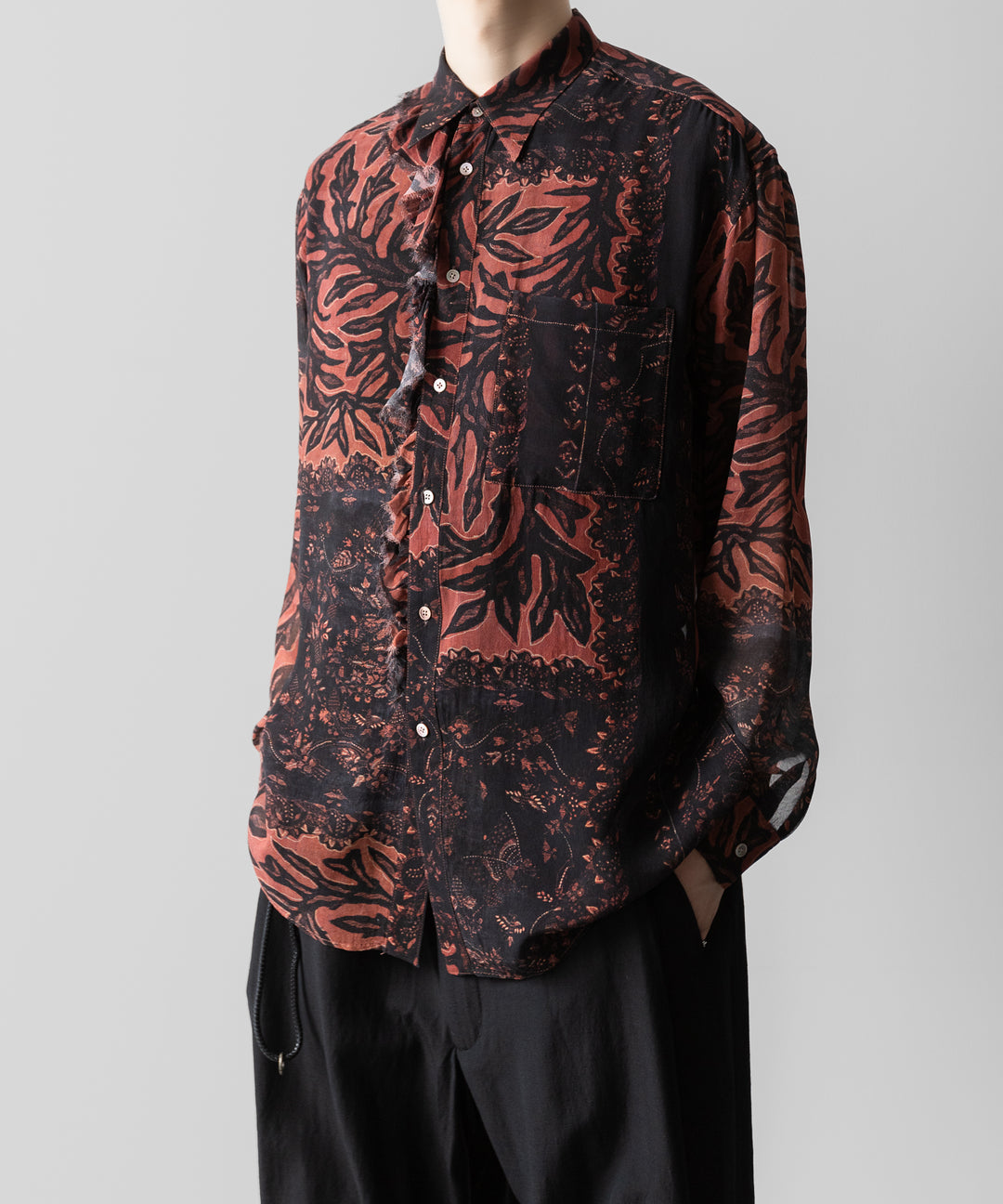 【ANTHEM A】BOTANICAL PRINT FRILL L/S SHIRT - BROWN