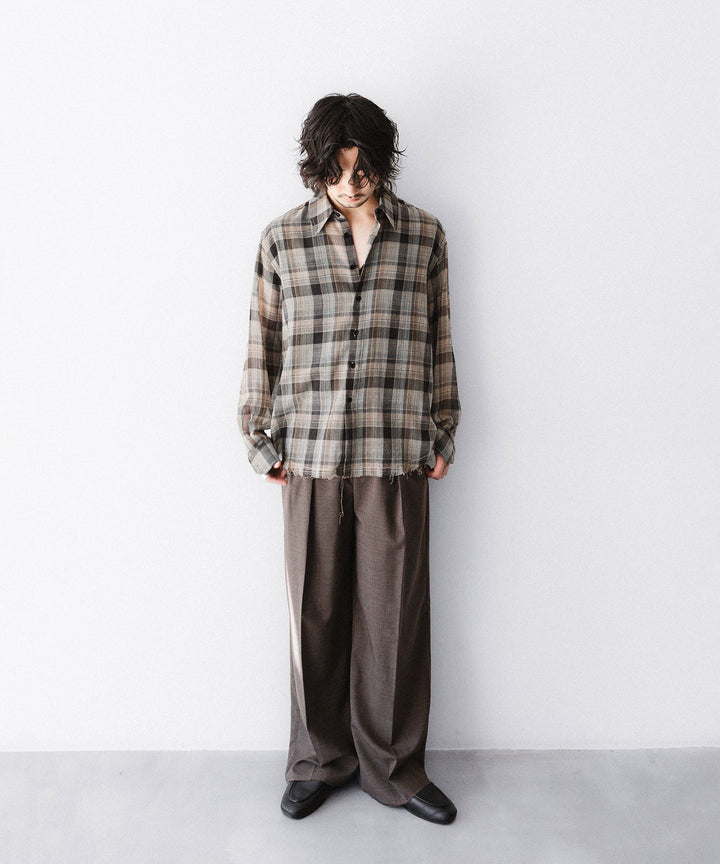 【CODA】BROWN CHECKED WOOL INVERTED TUCKS SLACK - BROWN CHECKED