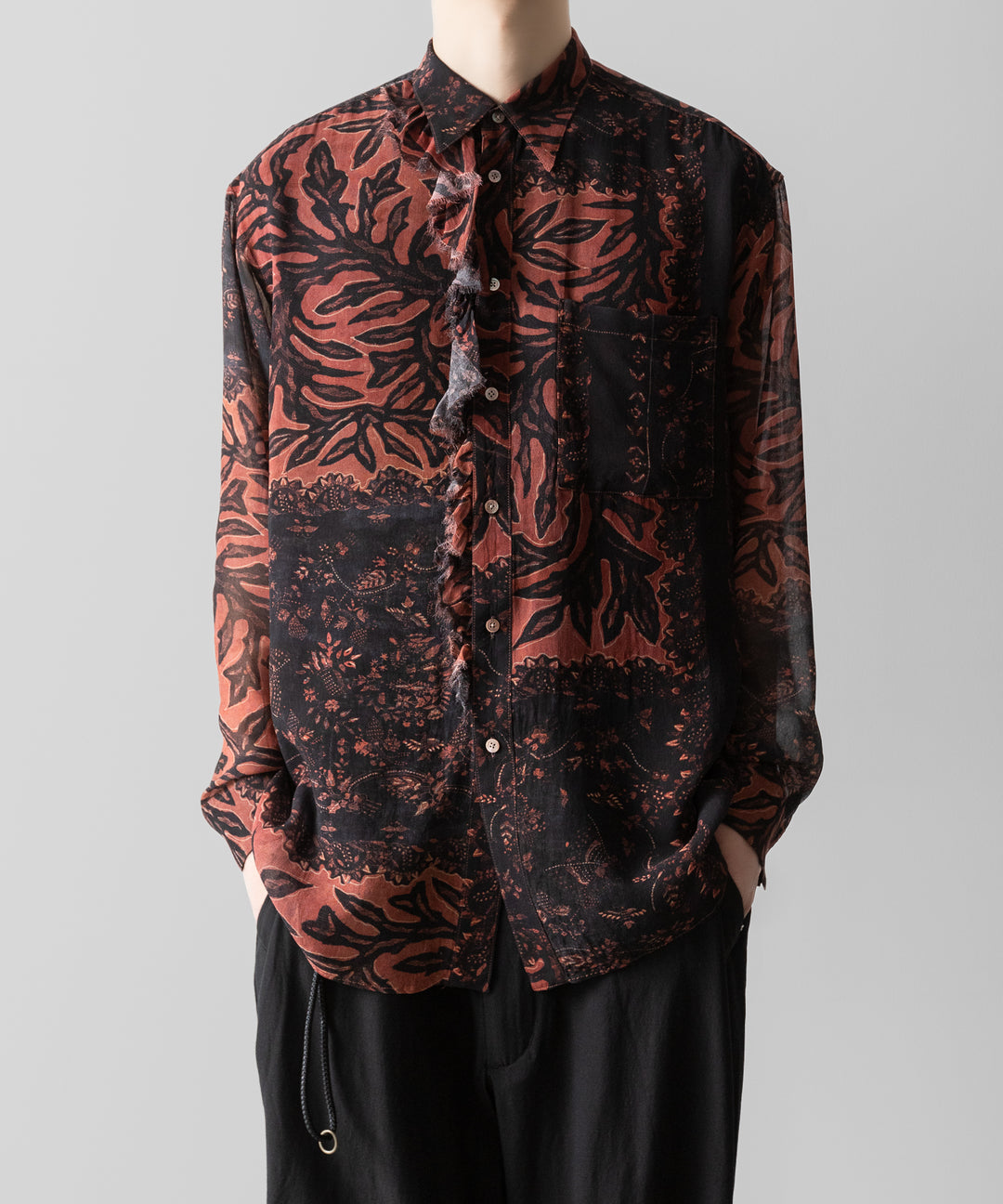 【ANTHEM A】BOTANICAL PRINT FRILL L/S SHIRT - BROWN