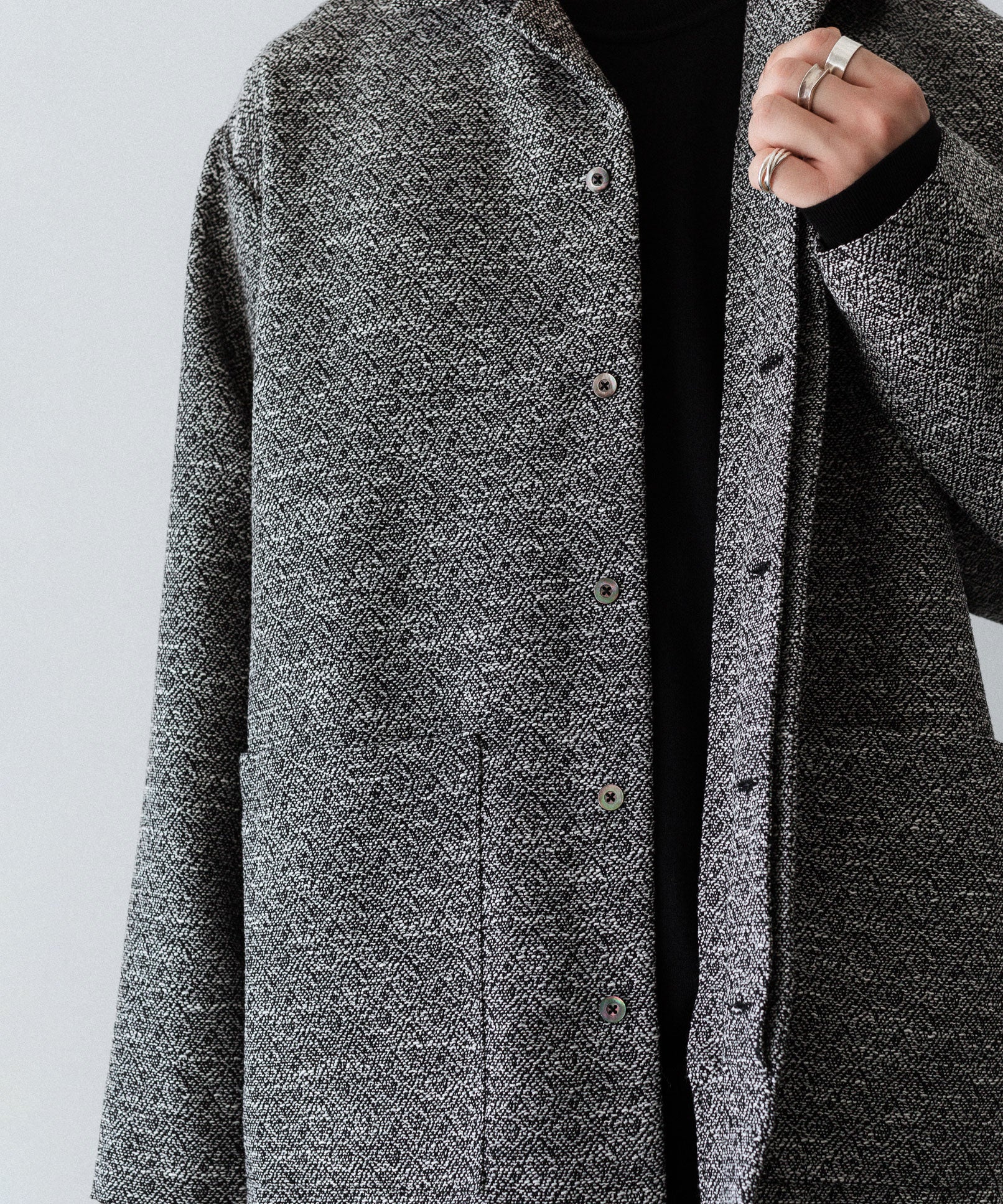 INTÉRIM インテリムのDOUBLE SIDED JACQUARD TWEED DEAD STOCK HYPER BIG FLY FRONT SHIIRT JACKETのBLACK公式通販サイトsession福岡セレクトショップ