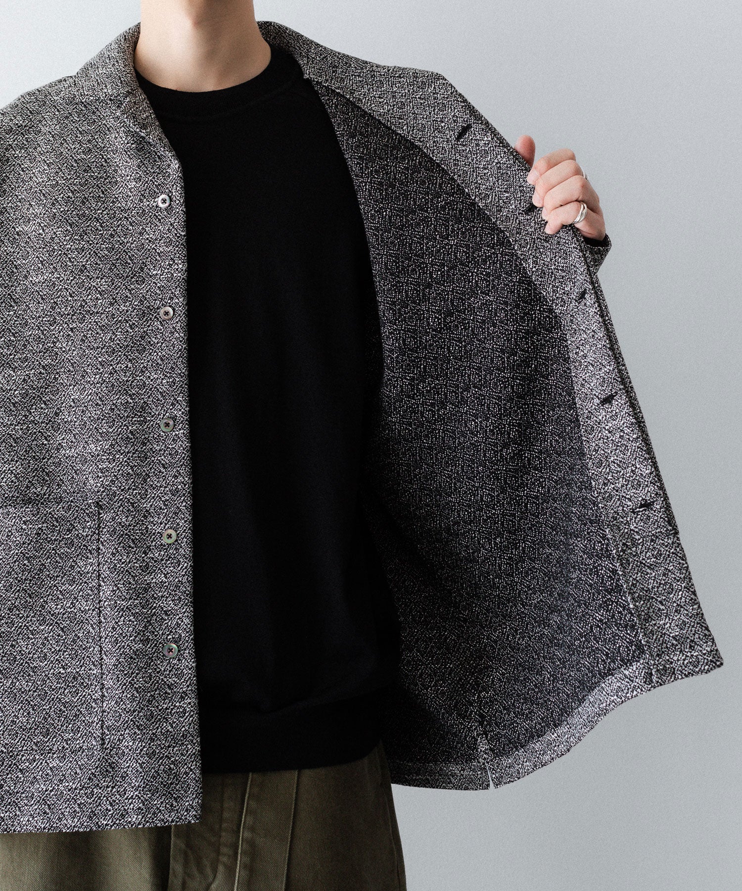 INTÉRIM インテリムのDOUBLE SIDED JACQUARD TWEED DEAD STOCK HYPER BIG FLY FRONT SHIIRT JACKETのBLACK公式通販サイトsession福岡セレクトショップ