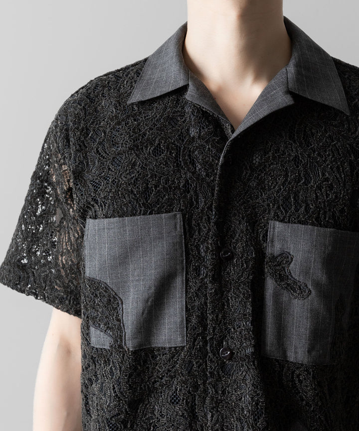 【ANTHEM A】COMBINE EMBROIDERY OPEN COLLAR SHIRT - TOP GRAY