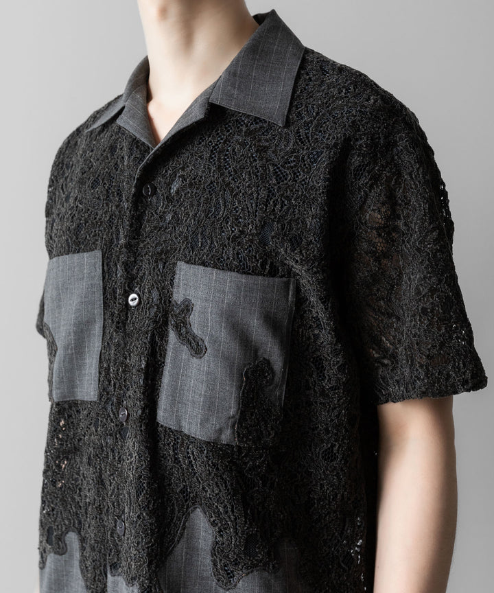 【ANTHEM A】COMBINE EMBROIDERY OPEN COLLAR SHIRT - TOP GRAY