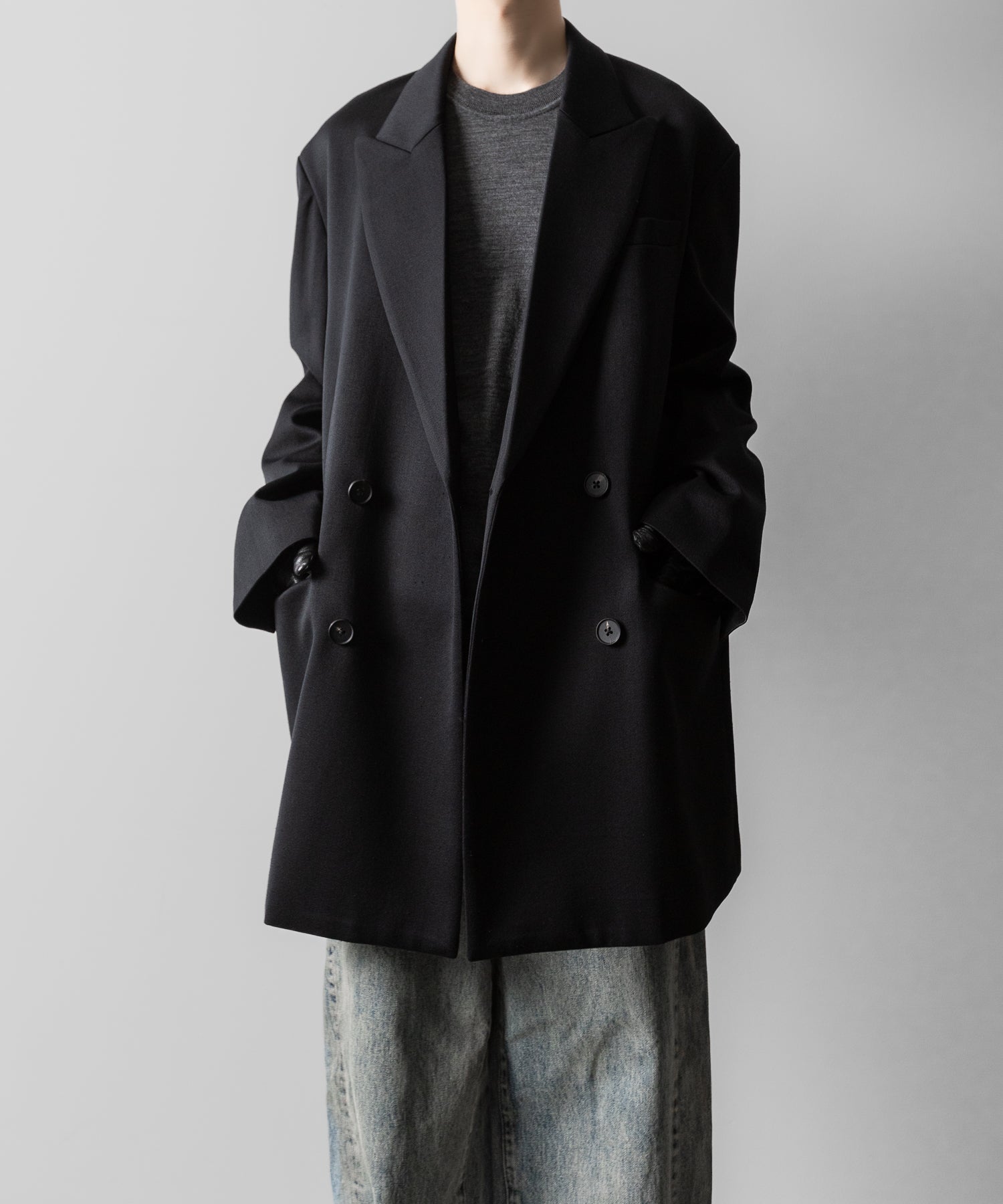 【ssstein】W/SI SATIN PEAK LAPEL SHORT COAT - BLACK