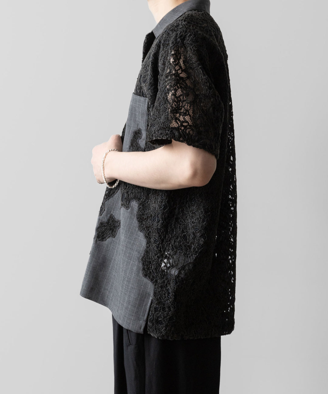 【ANTHEM A】COMBINE EMBROIDERY OPEN COLLAR SHIRT - TOP GRAY
