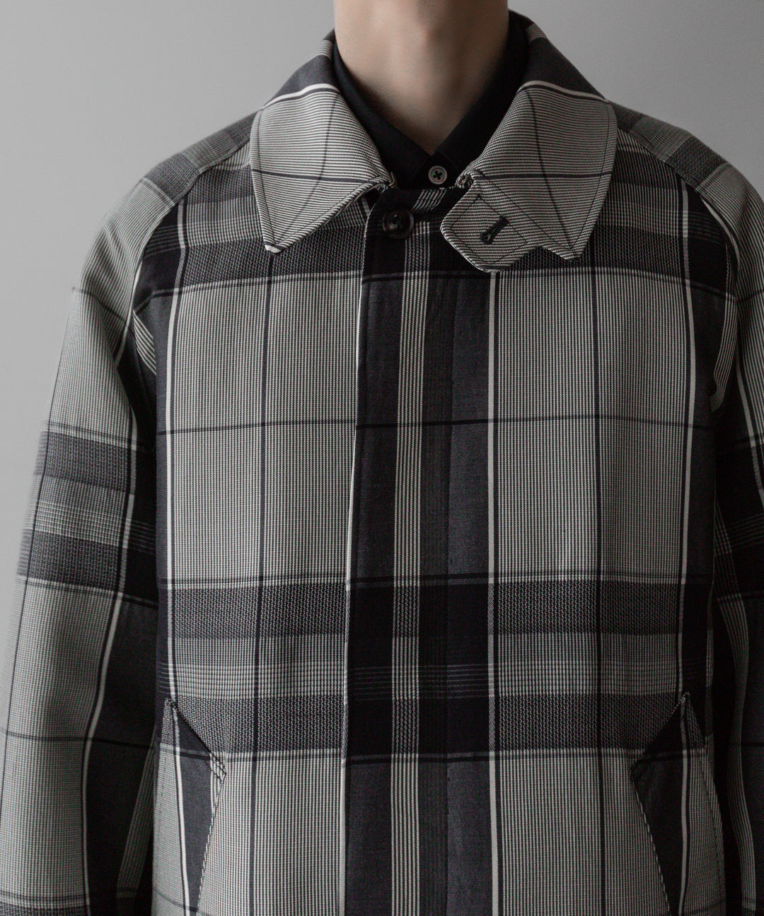 【INTÉRIM】HYPER BIG WOOL AND SILK LARGE CHECK CANVAS SINGLE RAGLAN 4PK FLAP COAT -  SHALE CHECK