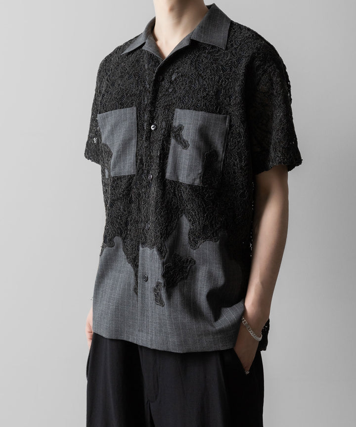 【ANTHEM A】COMBINE EMBROIDERY OPEN COLLAR SHIRT - TOP GRAY
