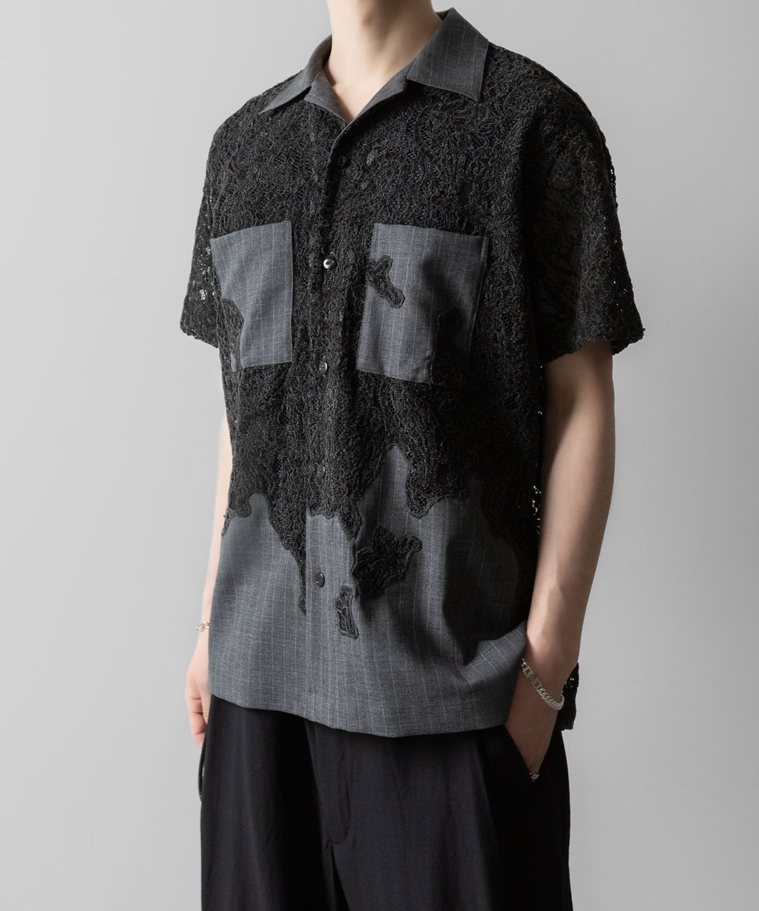【ANTHEM A】COMBINE EMBROIDERY OPEN COLLAR SHIRT - TOP GRAY