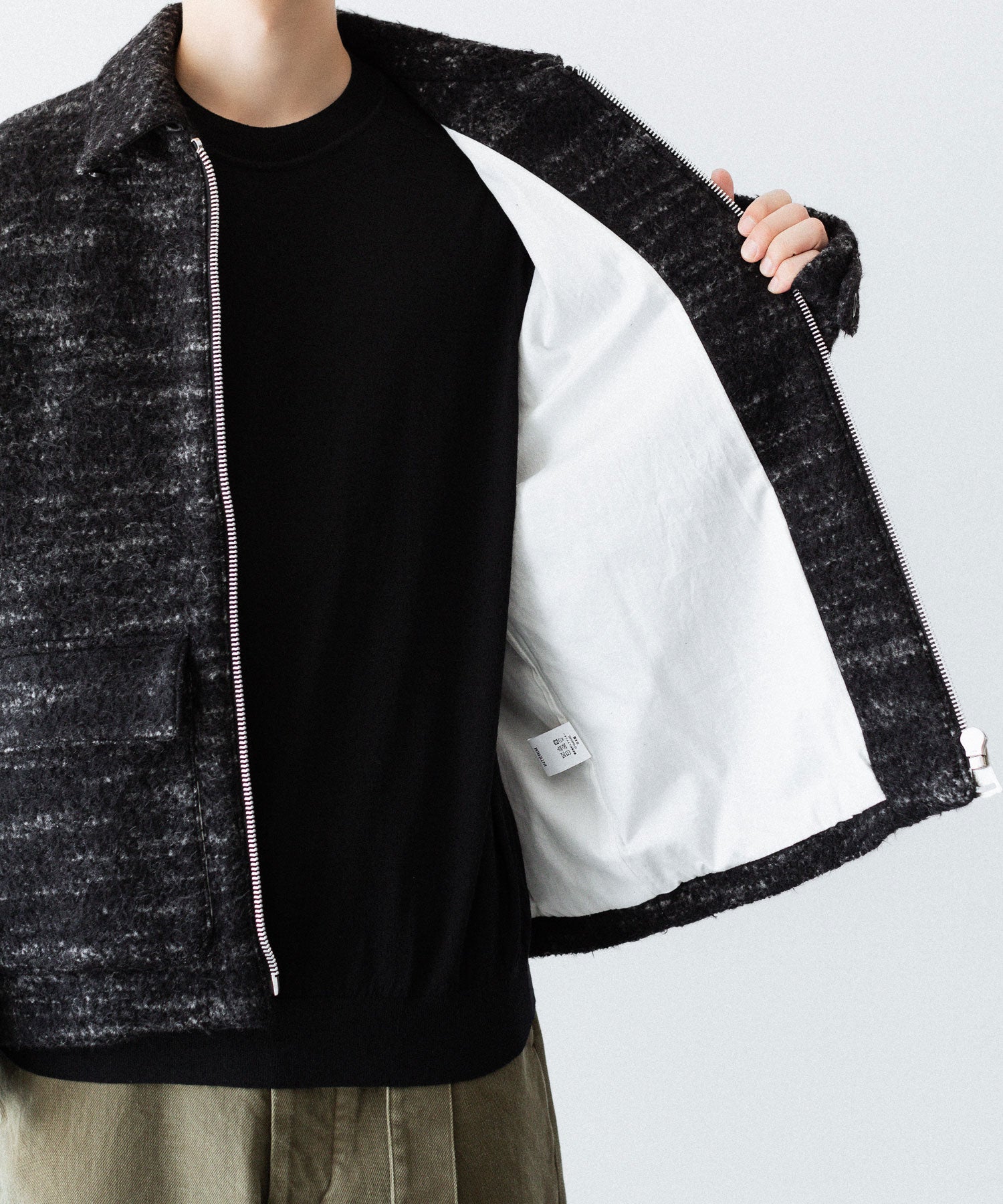 【INTÉRIM】DOUBLE FACE HAIRY BABY LAMA WOOL SPORTS JACKET - RAW BLACK