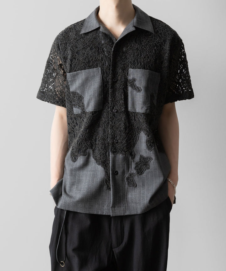 【ANTHEM A】COMBINE EMBROIDERY OPEN COLLAR SHIRT - TOP GRAY
