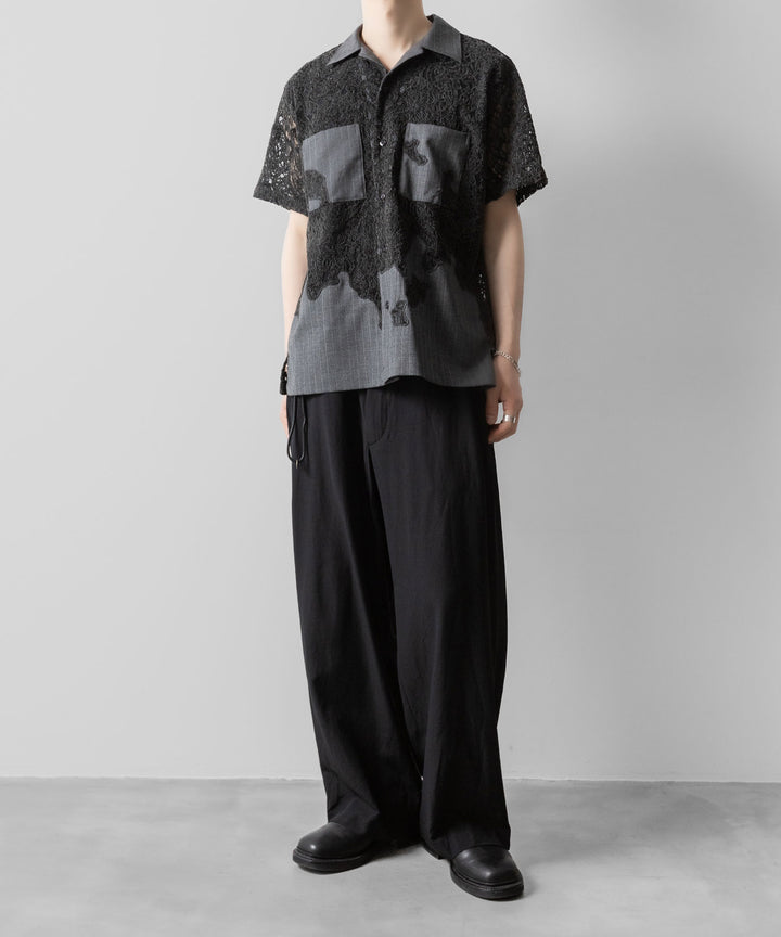 【ANTHEM A】COMBINE EMBROIDERY OPEN COLLAR SHIRT - TOP GRAY
