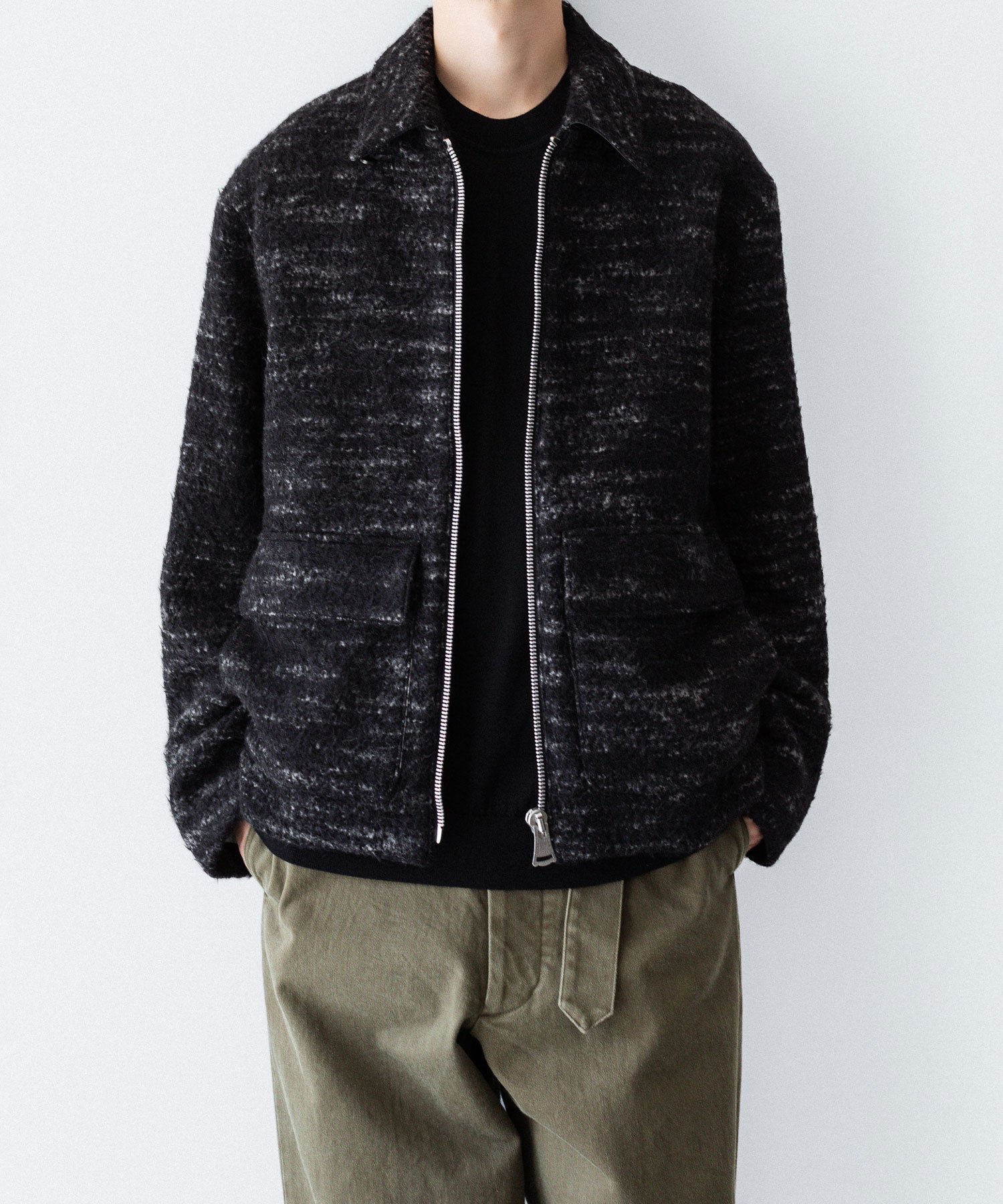 【INTÉRIM】DOUBLE FACE HAIRY BABY LAMA WOOL SPORTS JACKET - RAW BLACK