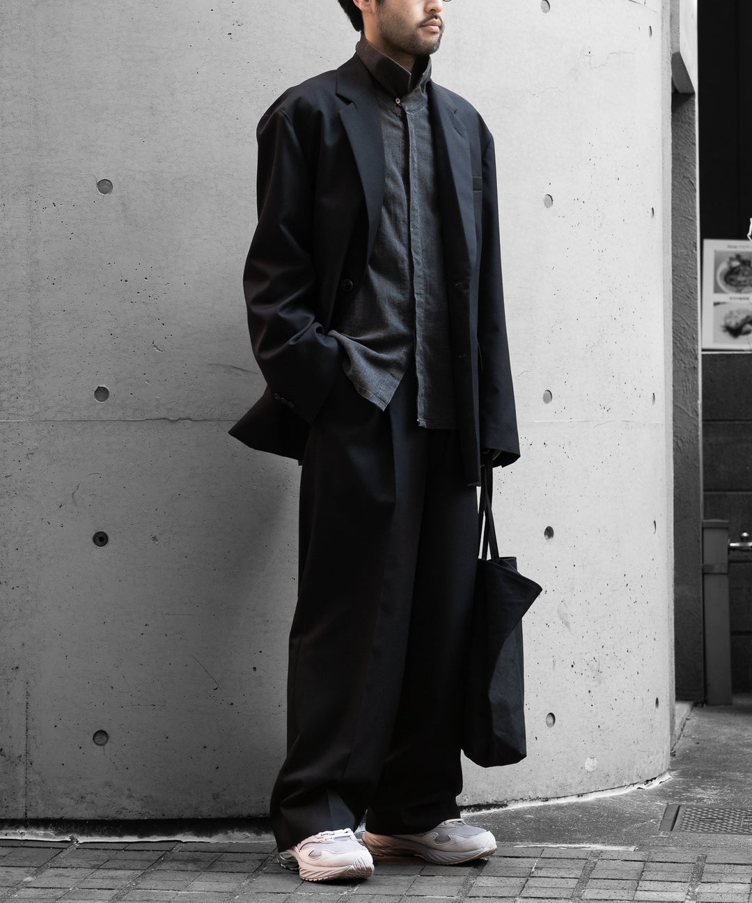 【ssstein】OVERSIZED SINGLE BREASTED JACKET (2/72 WOOL GABARDINE)- BLACK