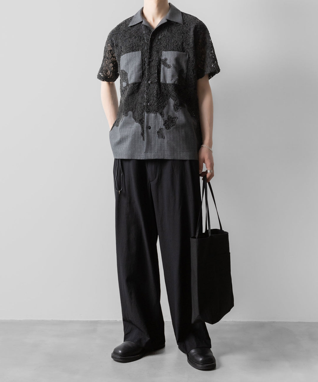 【ANTHEM A】COMBINE EMBROIDERY OPEN COLLAR SHIRT - TOP GRAY