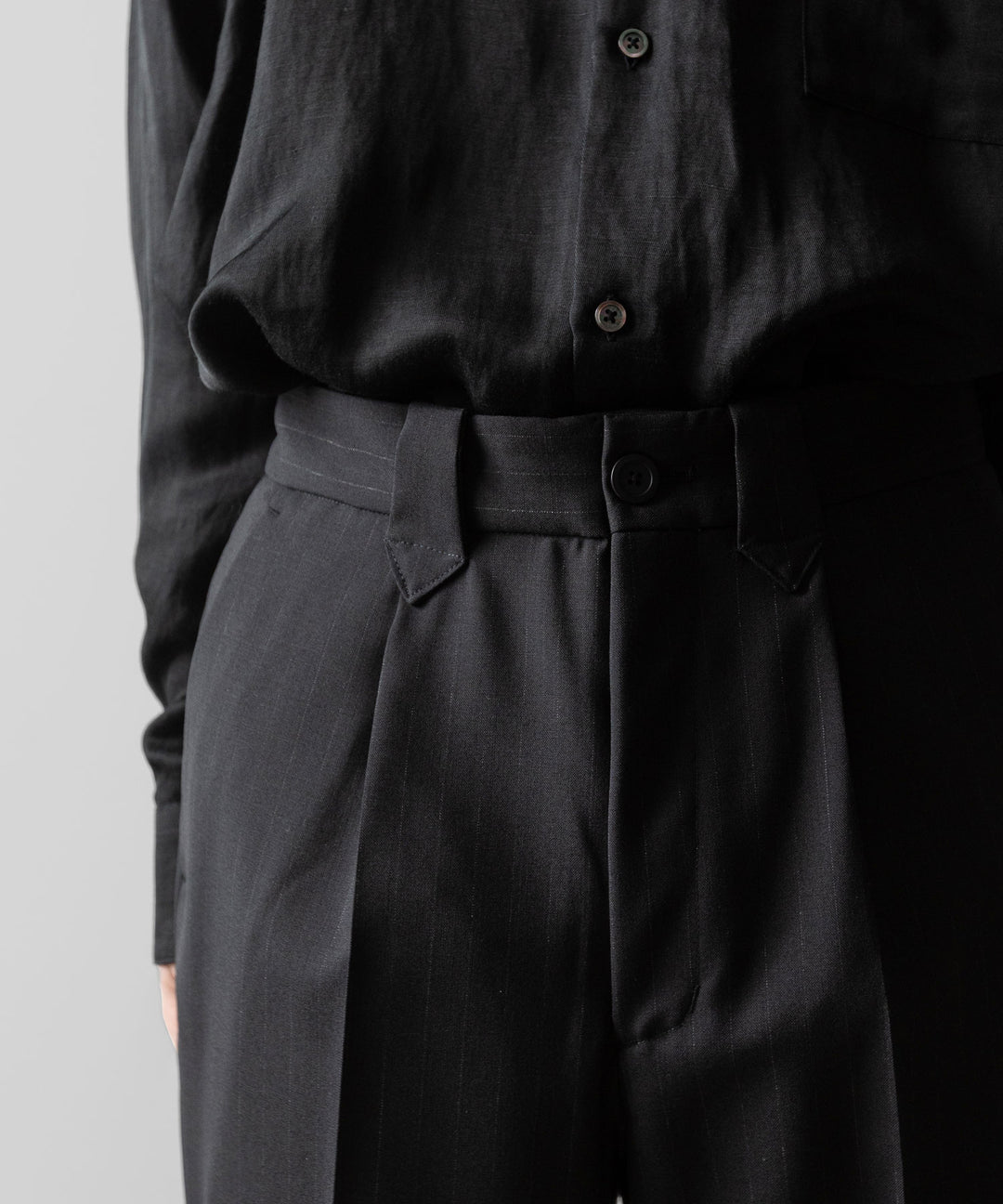 【ANTHEM A】WOOL STRIPE TRO FOIL WESTERN SLACKS - BLACK