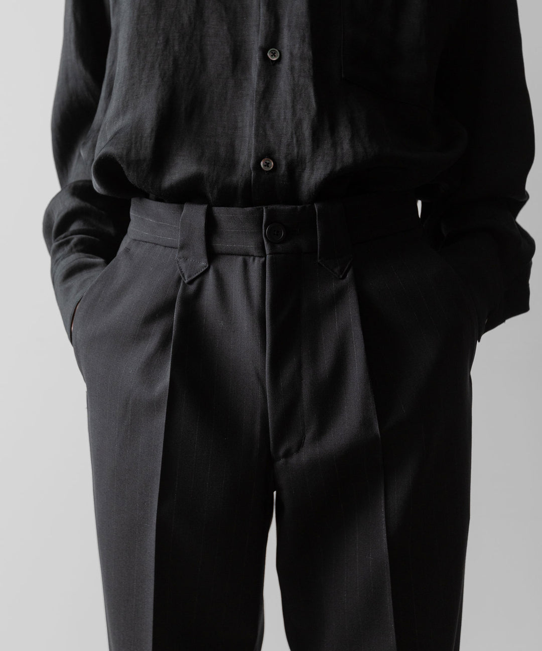 【ANTHEM A】WOOL STRIPE TRO FOIL WESTERN SLACKS - BLACK