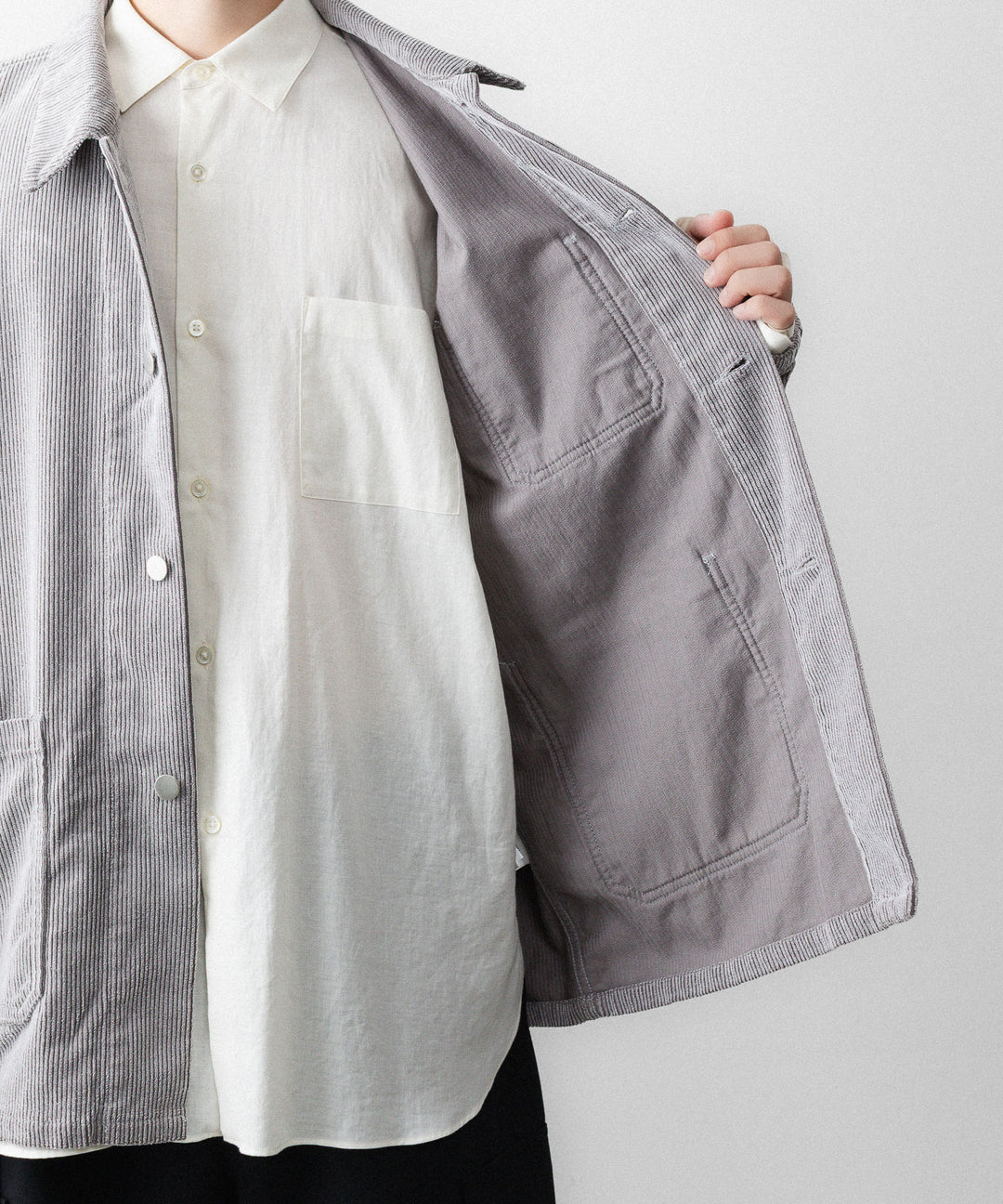 REVERBERATE リバーバレイトのFLOCKY CORDUROY WORK JACKETのGREY×OFF WHITE 公式通販サイトsession福岡セレクトショップ