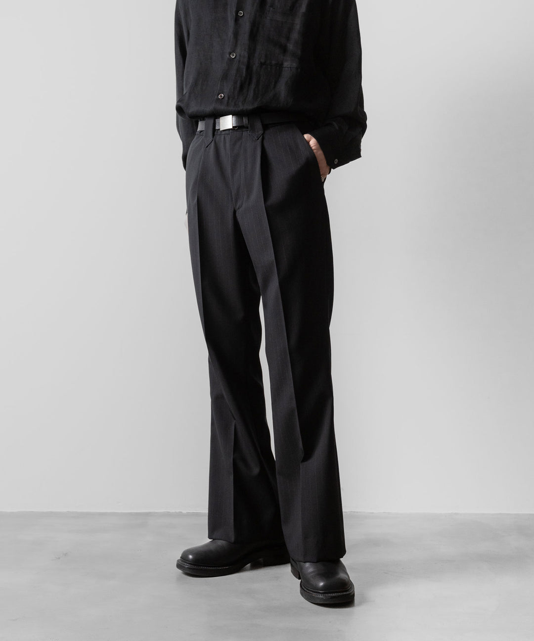 【ANTHEM A】WOOL STRIPE TRO FOIL WESTERN SLACKS - BLACK