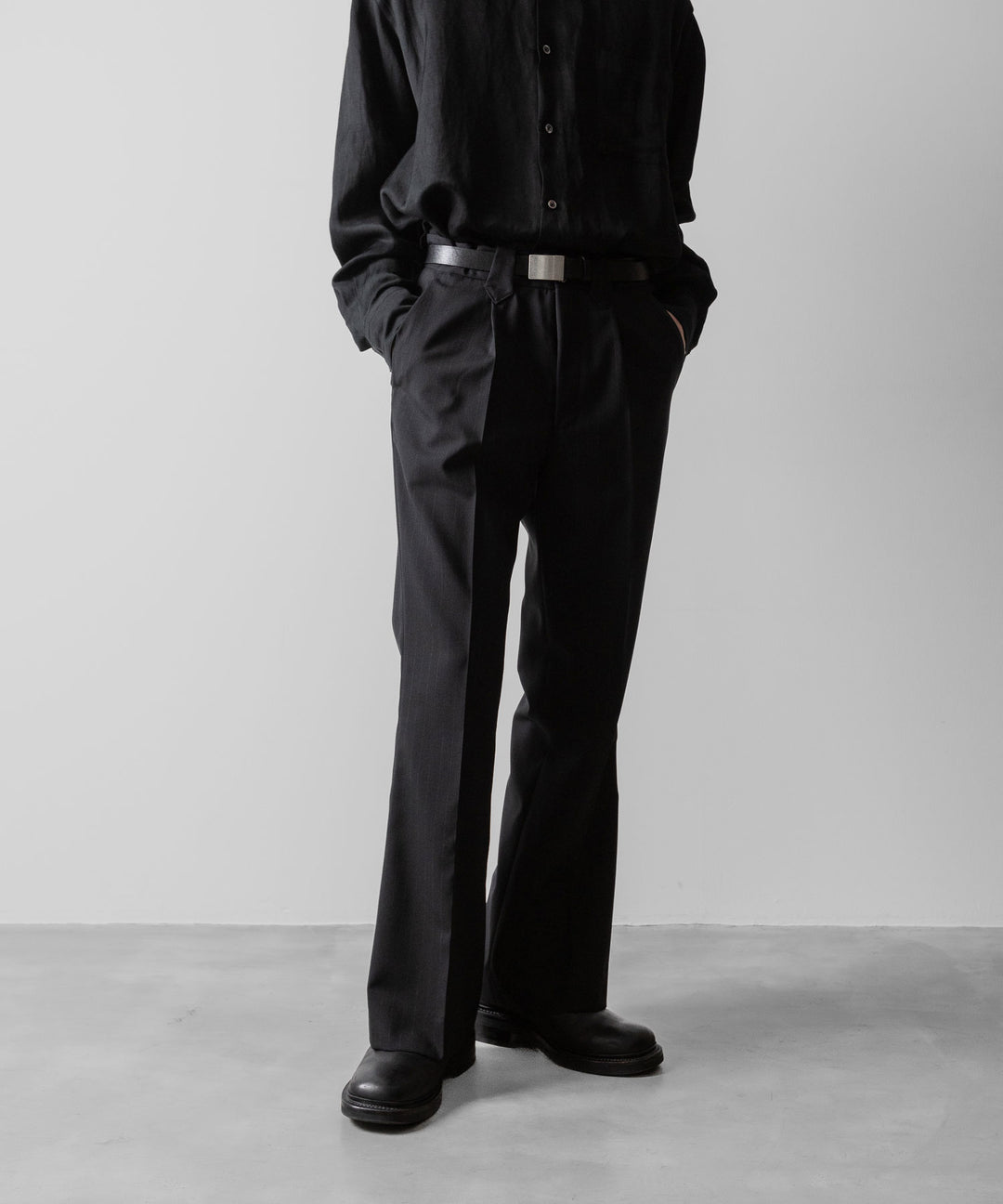 【ANTHEM A】WOOL STRIPE TRO FOIL WESTERN SLACKS - BLACK
