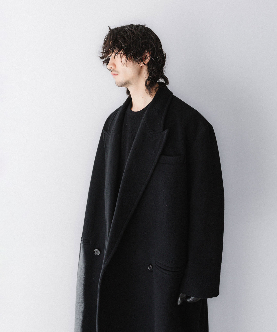 【CODA】BLACK WOOL CUT OUT DISTRESSED DORIAN COAT - BLACK