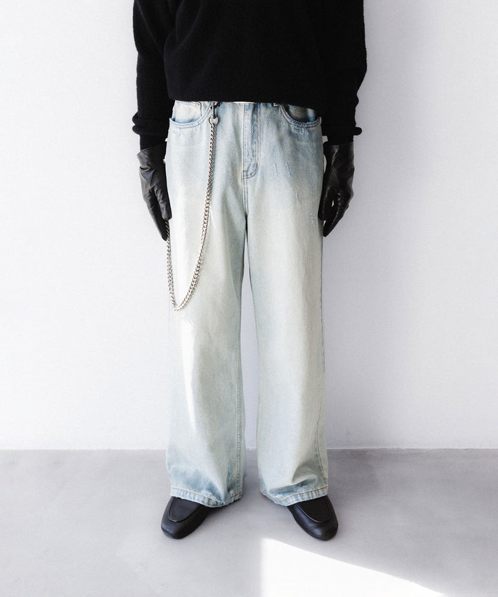 【CODA】LIGHT INDIGO WASHED DISTRESSED BREAK CUT WIDE STRAIGHT JEANS - LIGHT INDIGO WASHED