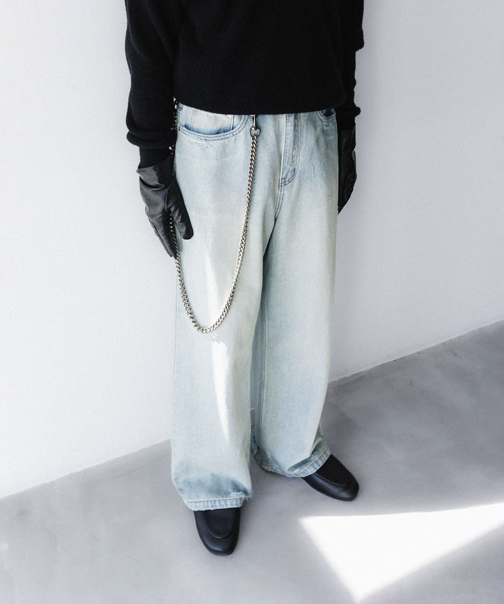 【CODA】LIGHT INDIGO WASHED DISTRESSED BREAK CUT WIDE STRAIGHT JEANS - LIGHT INDIGO WASHED