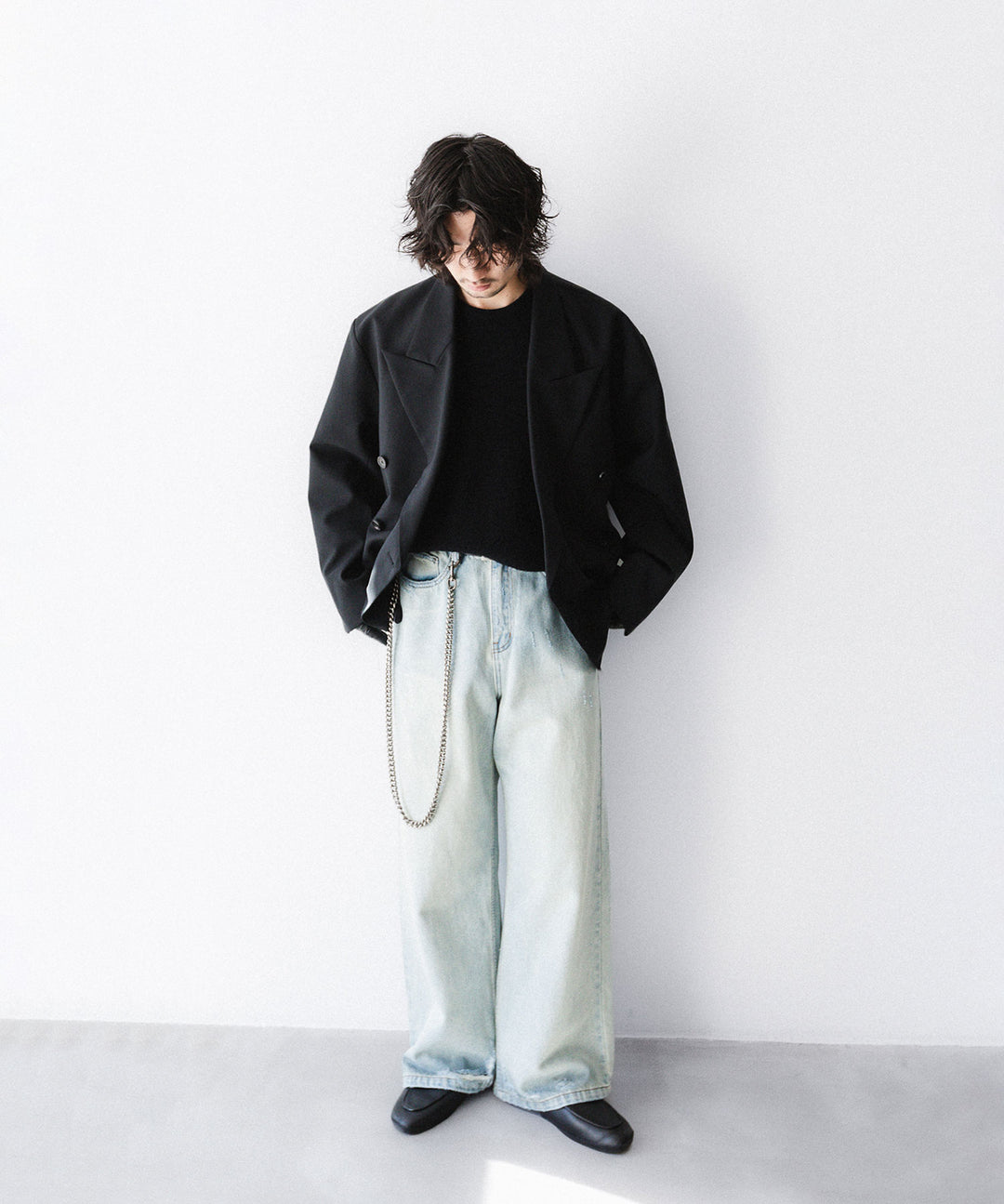 【CODA】LIGHT INDIGO WASHED DISTRESSED BREAK CUT WIDE STRAIGHT JEANS - LIGHT INDIGO WASHED