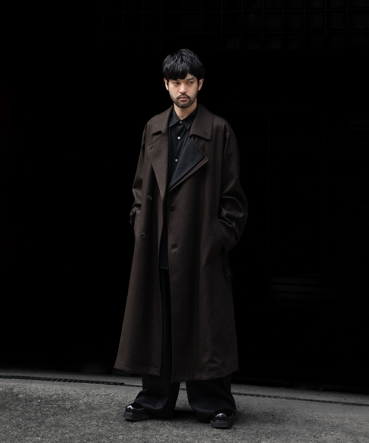 【ssstein】DOUBLE LAPELED DOUBLE BREASTED COAT - GREY BROWN