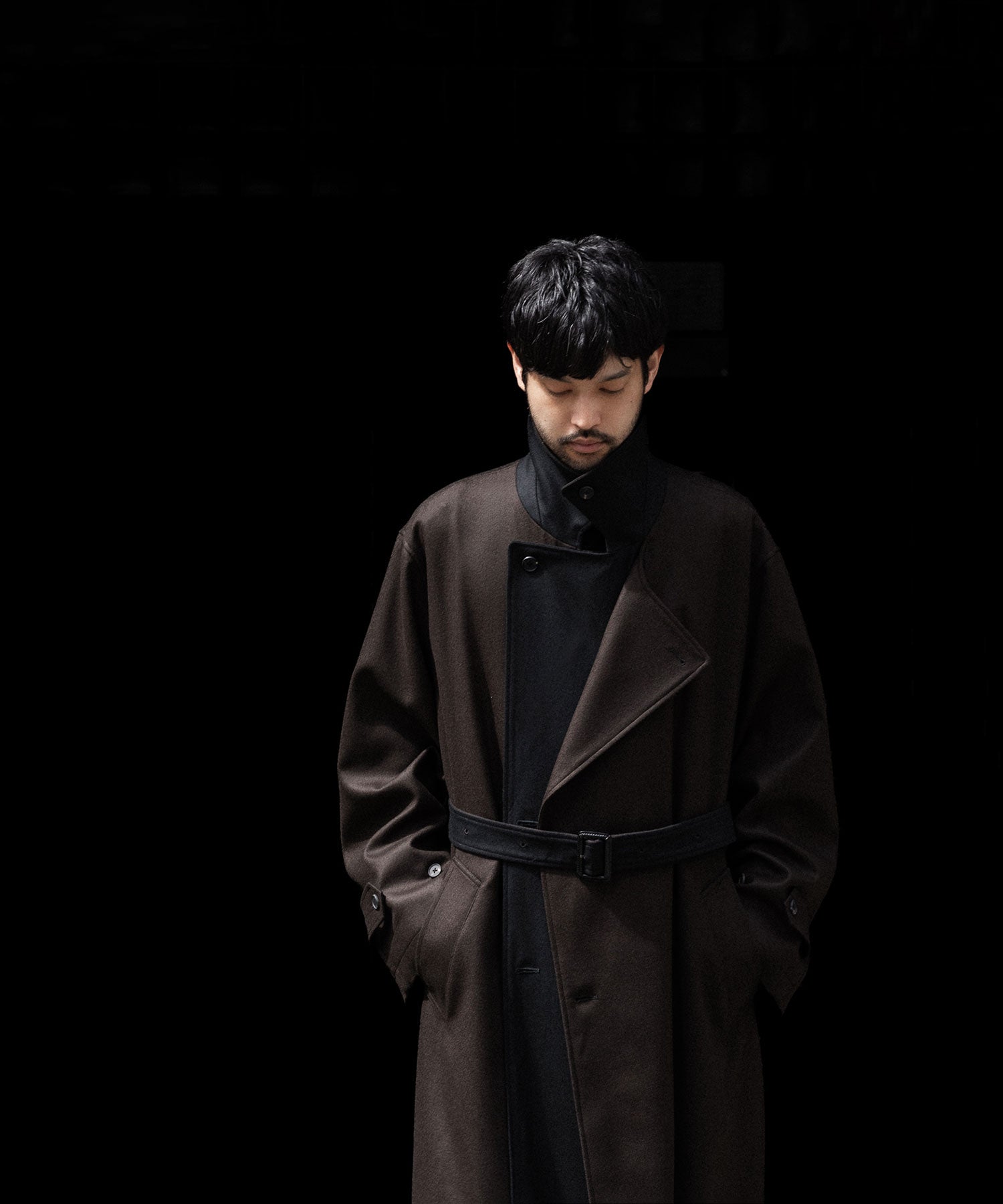 【ssstein】DOUBLE LAPELED DOUBLE BREASTED COAT - GREY BROWN