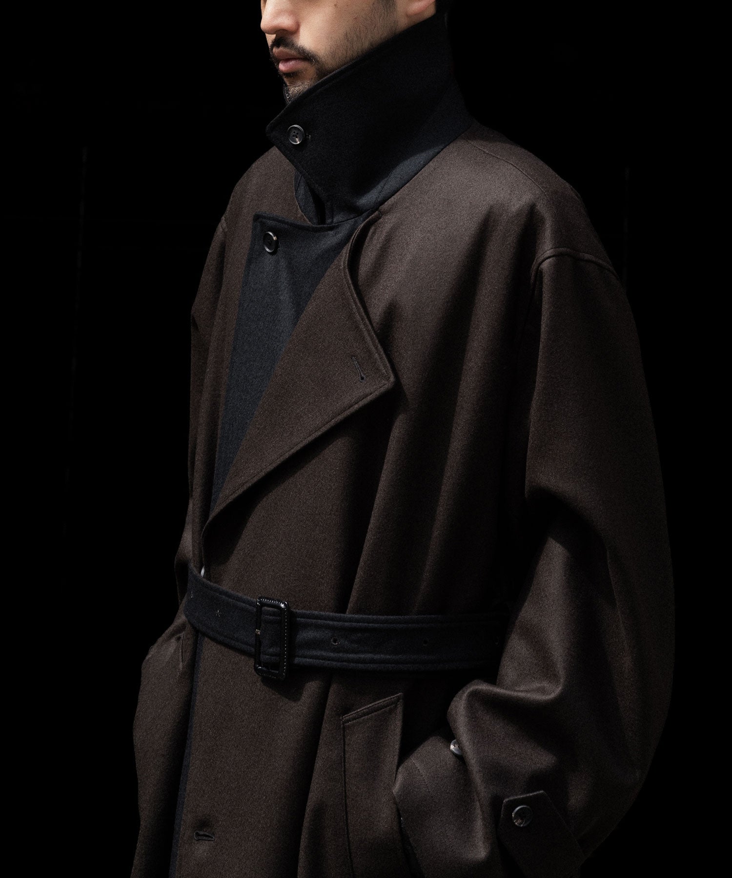 【ssstein】DOUBLE LAPELED DOUBLE BREASTED COAT - GREY BROWN
