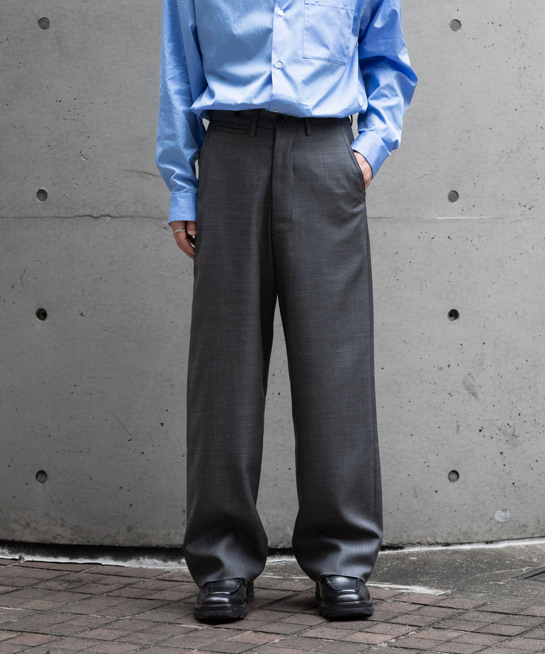 【INTÉRIM】VIRGIN WOOL SILK MOHAIR SUITING MIL BAGGY TROUSER - M.GRAY