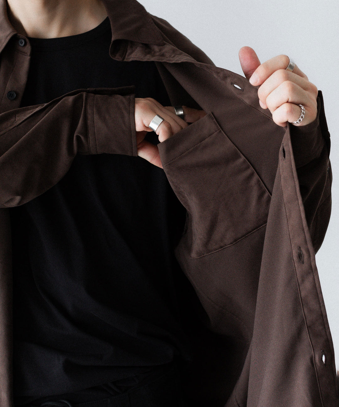 VEIN ヴェインのSYNTHETIC SUEDE LEATHER L/S SHIRT - BROWNの公式通販サイトsession福岡セレクトショップ
