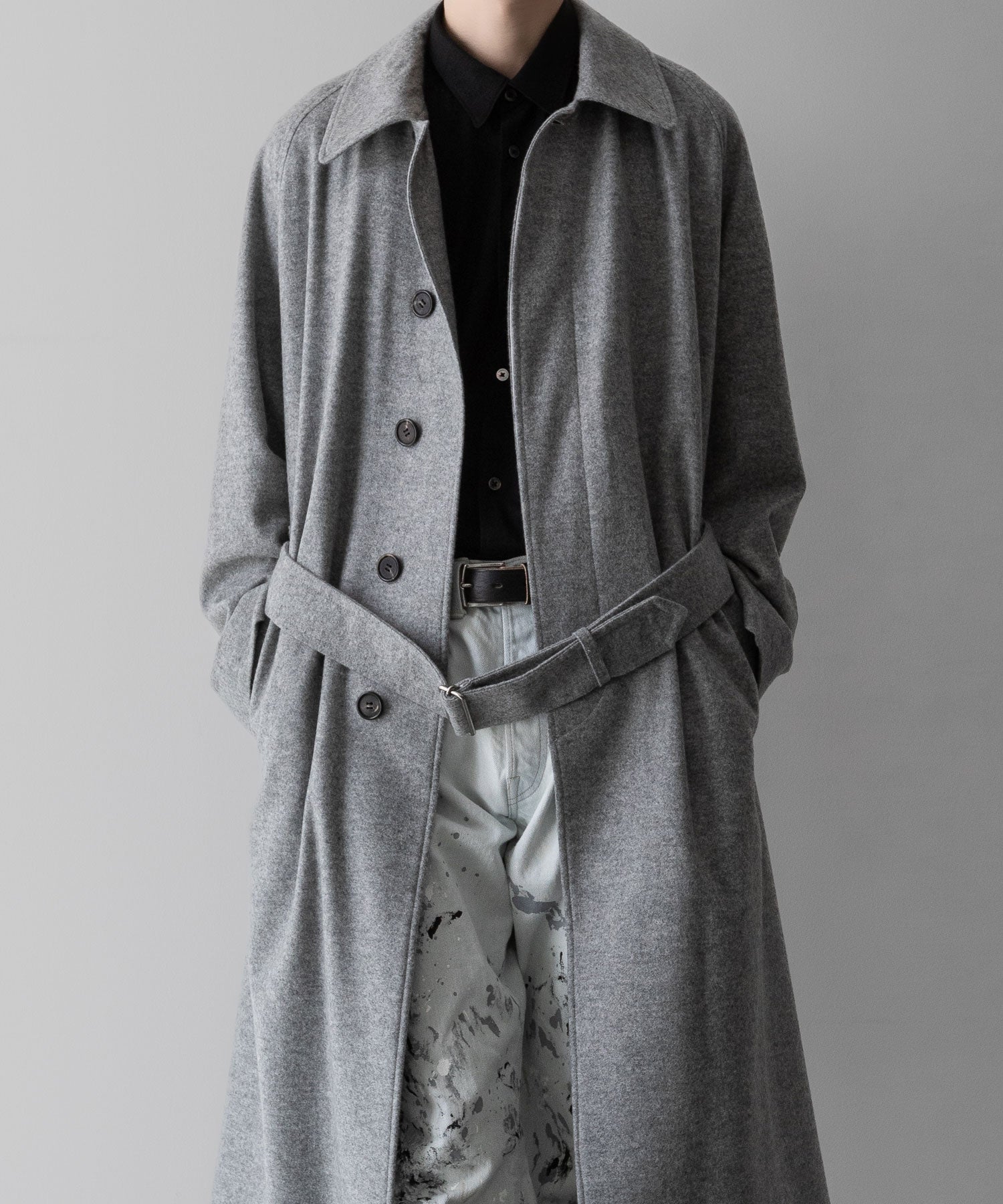 【INTÉRIM】CASHMERE DRAP HYPER BIG BELTED OVER COAT - GRAY