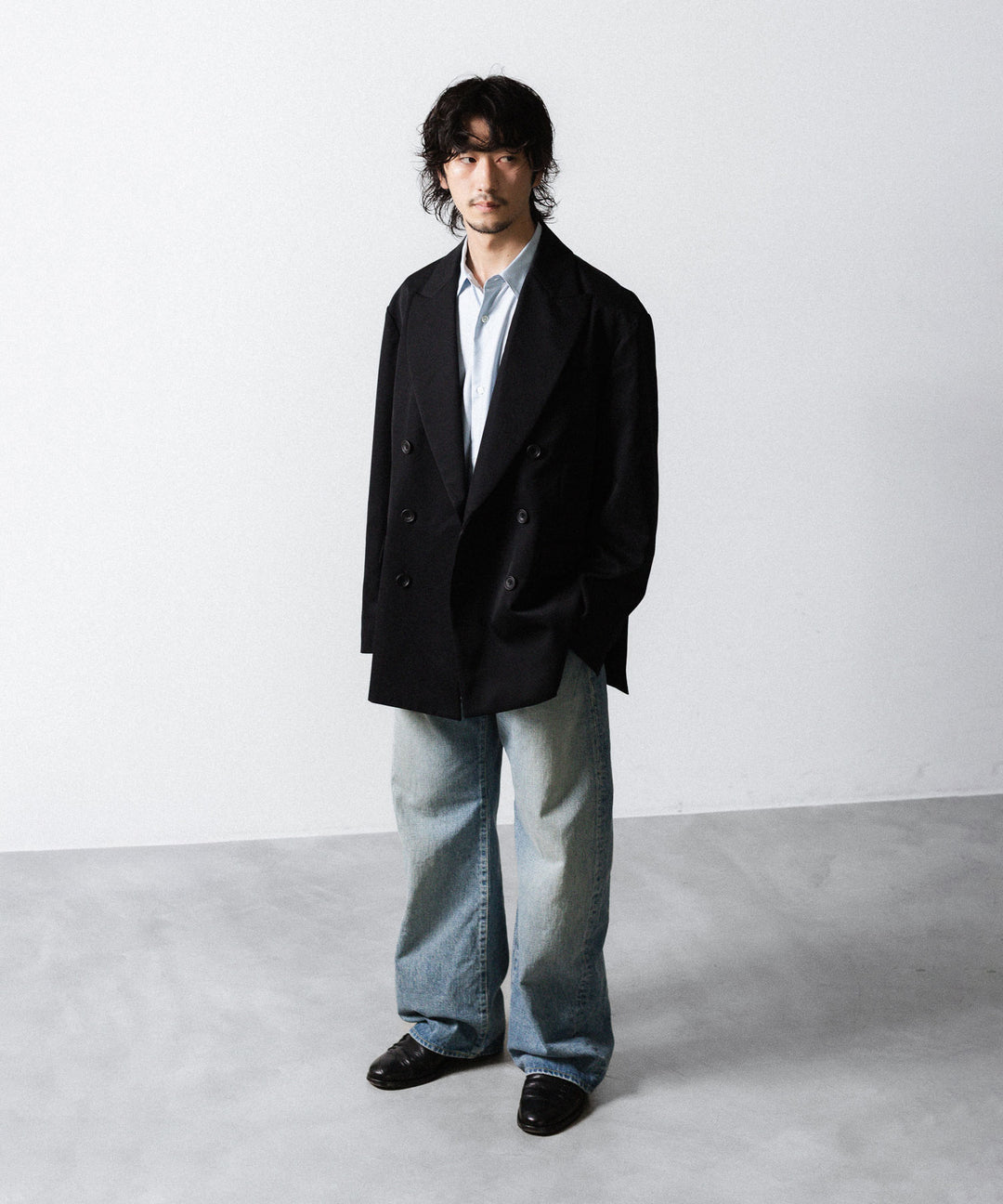 【ssstein】 PIMA COTTON OVERSIZED REGULAR COLLAR SHIRT - OFF BLUE