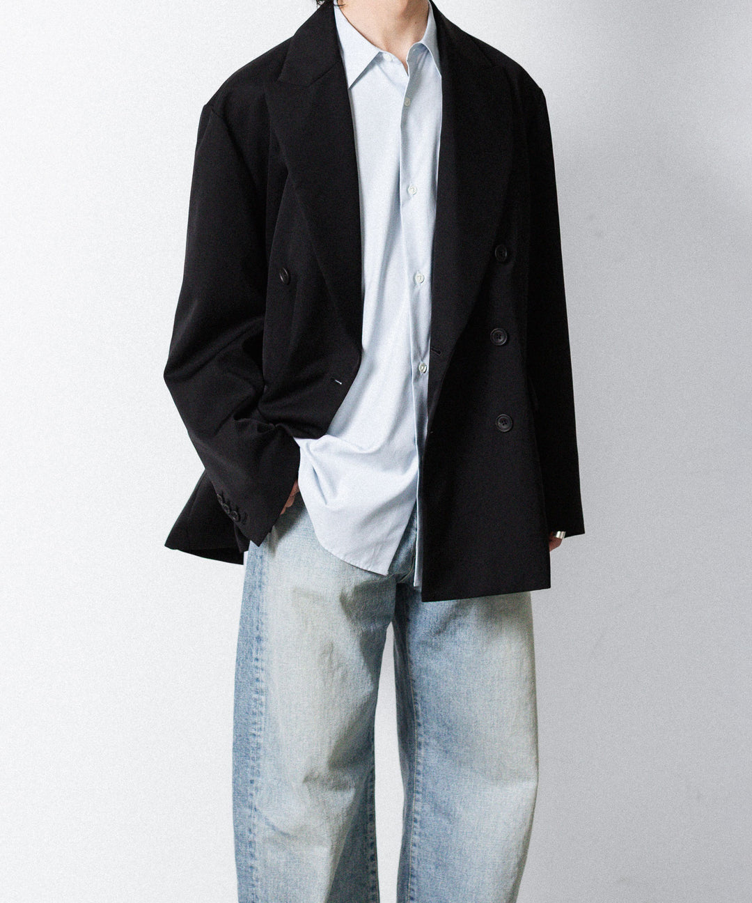 【ssstein】 PIMA COTTON OVERSIZED REGULAR COLLAR SHIRT - OFF BLUE
