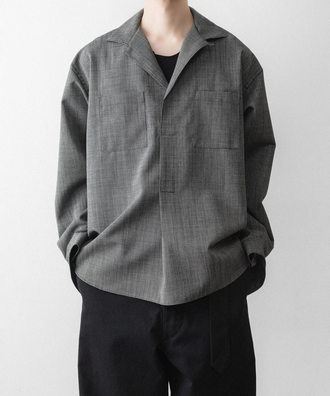 INTÉRIM - インテリムのWOOL END-ON-END SUITING DEADSTOCK FABRIC SKIPPER SHIRTのBLACK公式通販サイトsession福岡セレクトショップ