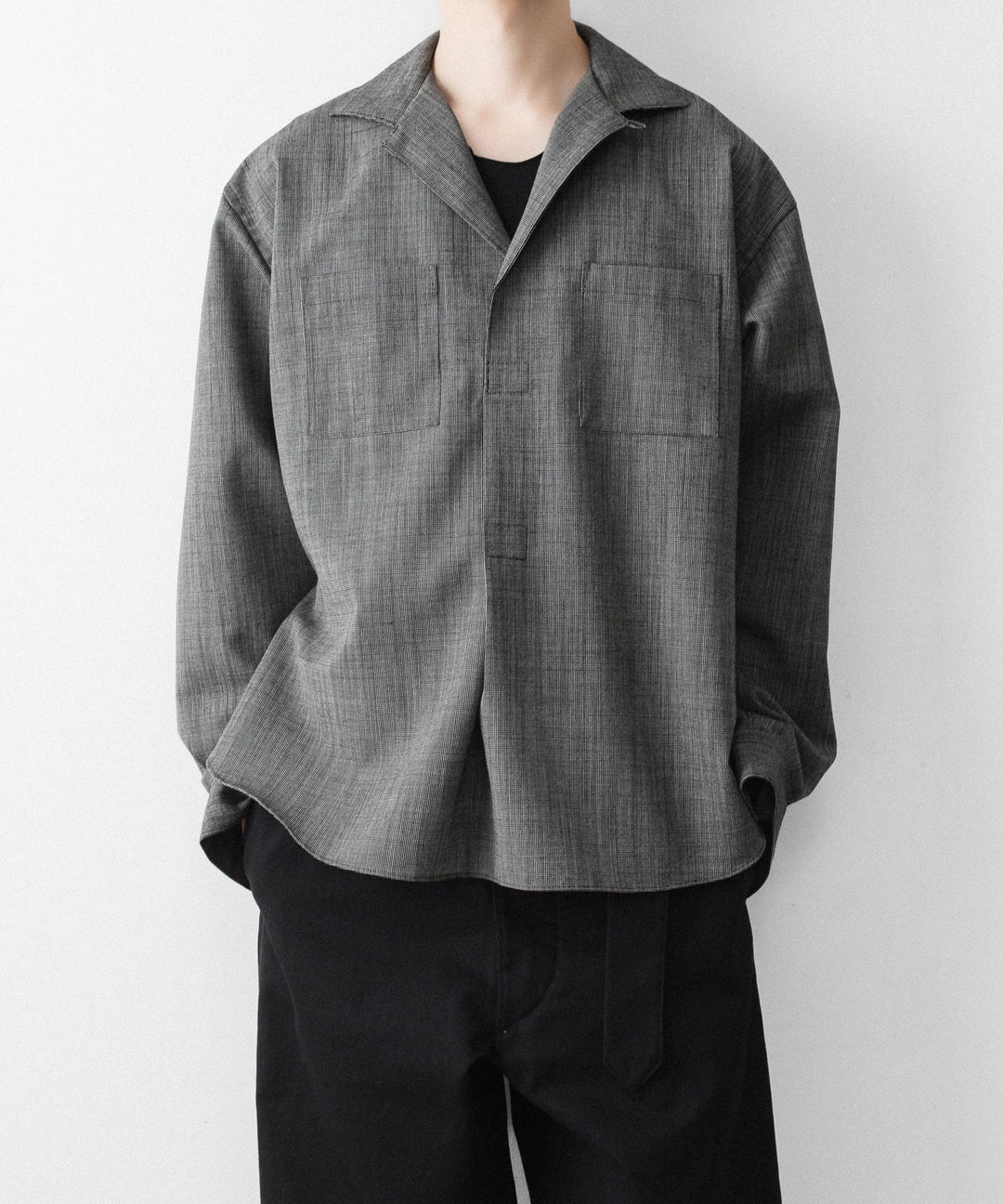 INTÉRIM - インテリムのWOOL END-ON-END SUITING DEADSTOCK FABRIC SKIPPER SHIRTのBLACK公式通販サイトsession福岡セレクトショップ