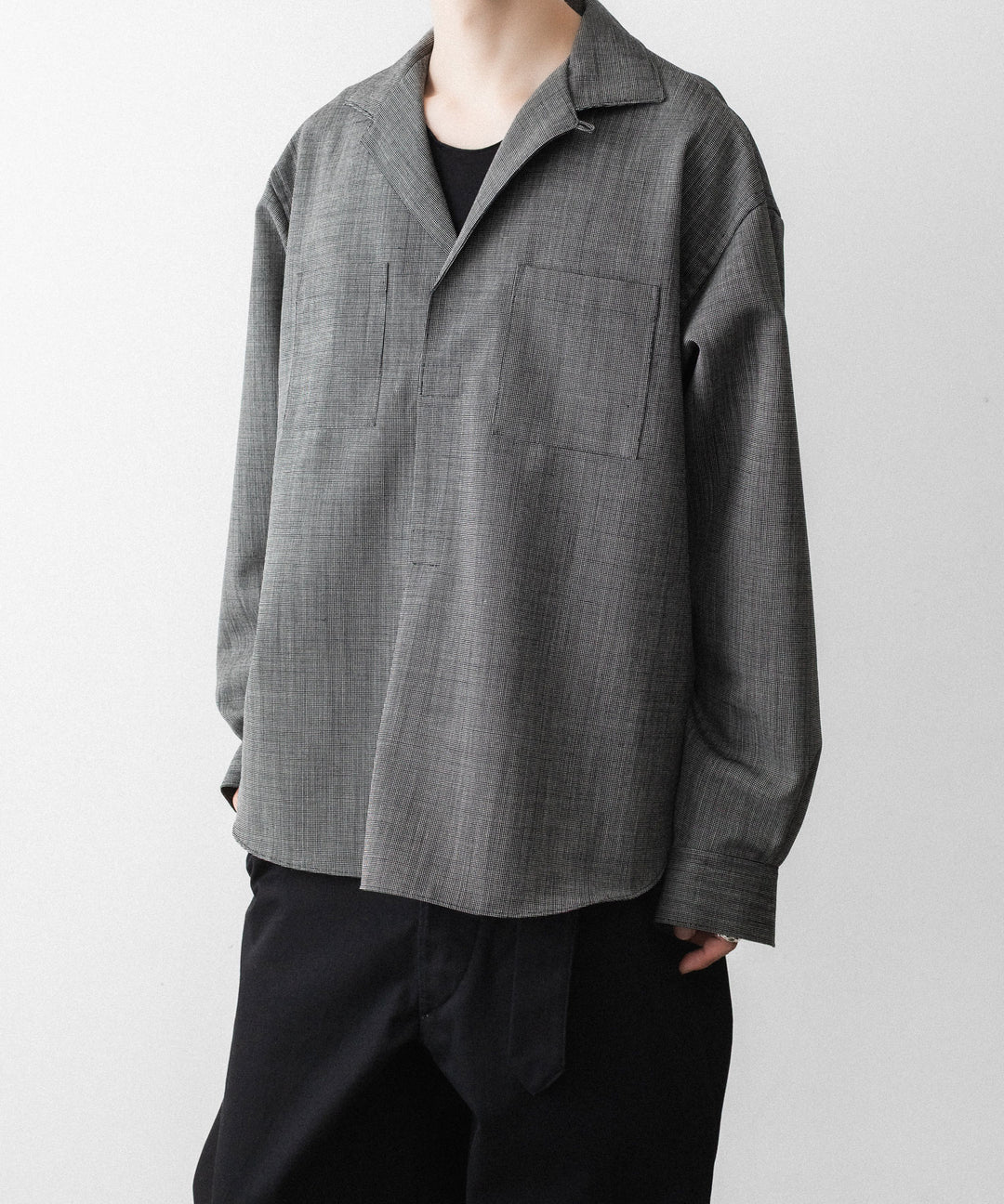 INTÉRIM - インテリムのWOOL END-ON-END SUITING DEADSTOCK FABRIC SKIPPER SHIRTのBLACK公式通販サイトsession福岡セレクトショップ