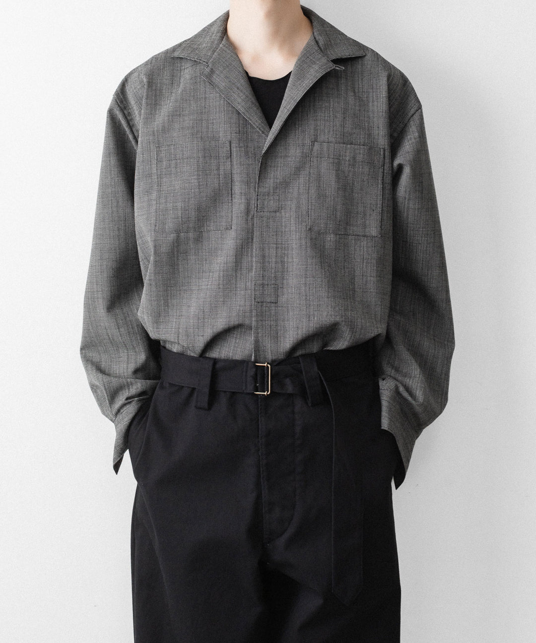INTÉRIM - インテリムのWOOL END-ON-END SUITING DEADSTOCK FABRIC SKIPPER SHIRTのBLACK公式通販サイトsession福岡セレクトショップ