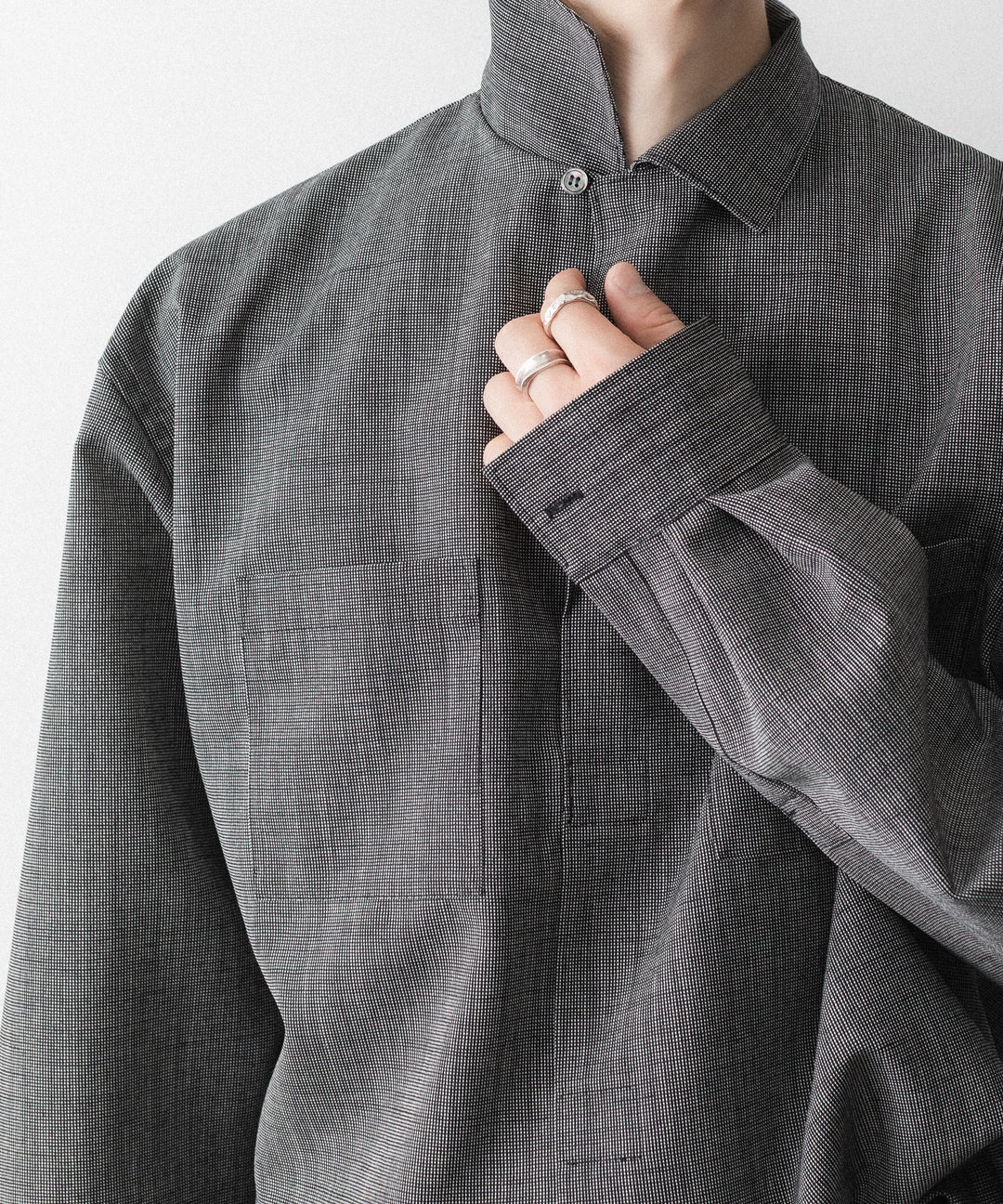 INTÉRIM - インテリムのWOOL END-ON-END SUITING DEADSTOCK FABRIC SKIPPER SHIRTのBLACK公式通販サイトsession福岡セレクトショップ
