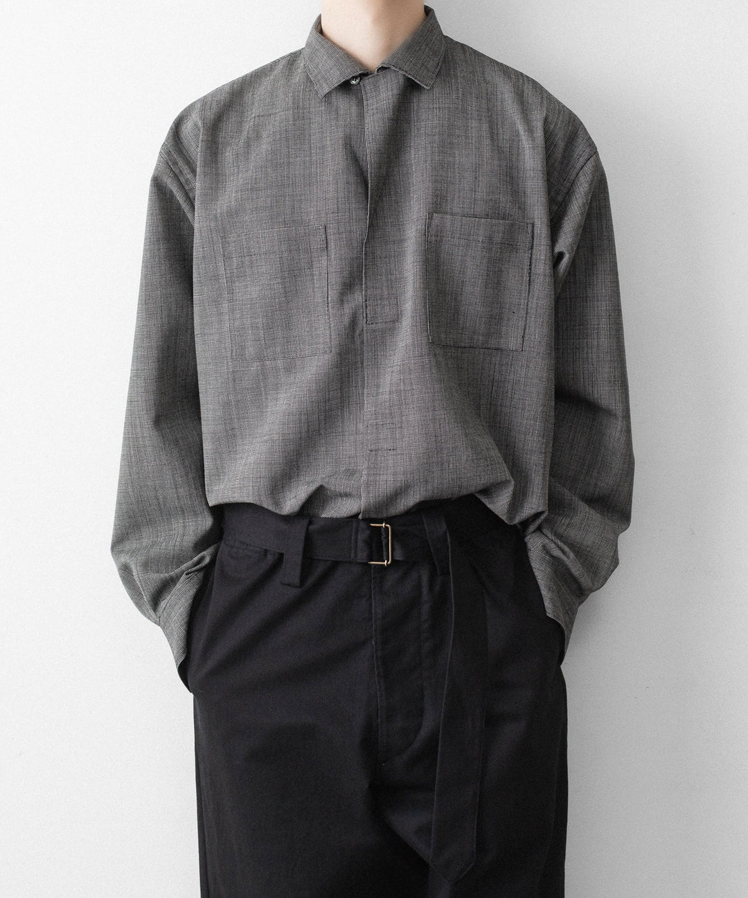 INTÉRIM - インテリムのWOOL END-ON-END SUITING DEADSTOCK FABRIC SKIPPER SHIRTのBLACK公式通販サイトsession福岡セレクトショップ