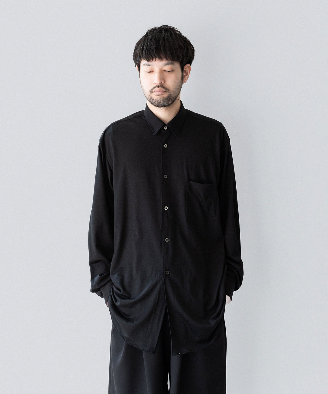 INTÉRIM インテリムEXTRA FINE MERINO WOOL JERSEY L/S REGULAR COLLAR SHIRTのBLACK 公式通販サイトsession福岡セレクトショップ