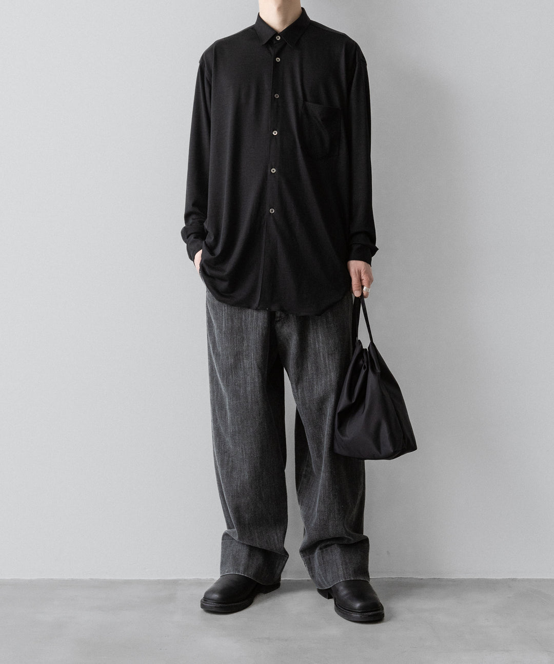 INTÉRIM インテリムEXTRA FINE MERINO WOOL JERSEY L/S REGULAR COLLAR SHIRTのBLACK 公式通販サイトsession福岡セレクトショップ