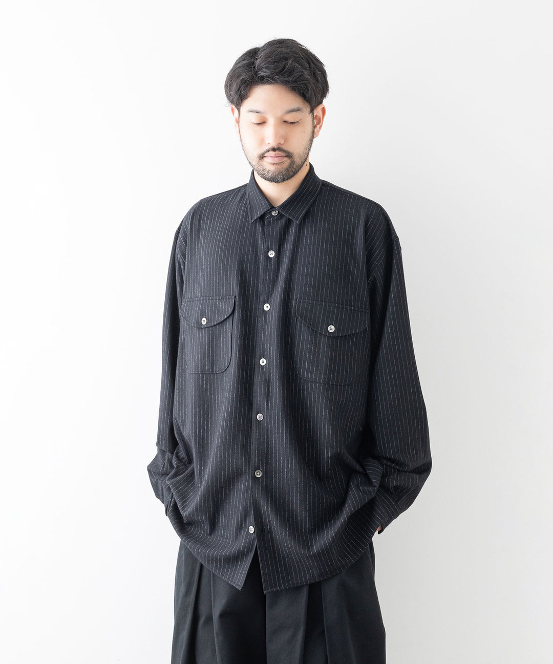 KANEMASA カネマサ HIGH GAUGE MILLED WOOL STRIPE SHIRTS - BLACK SP sessionセッション公式通販サイト