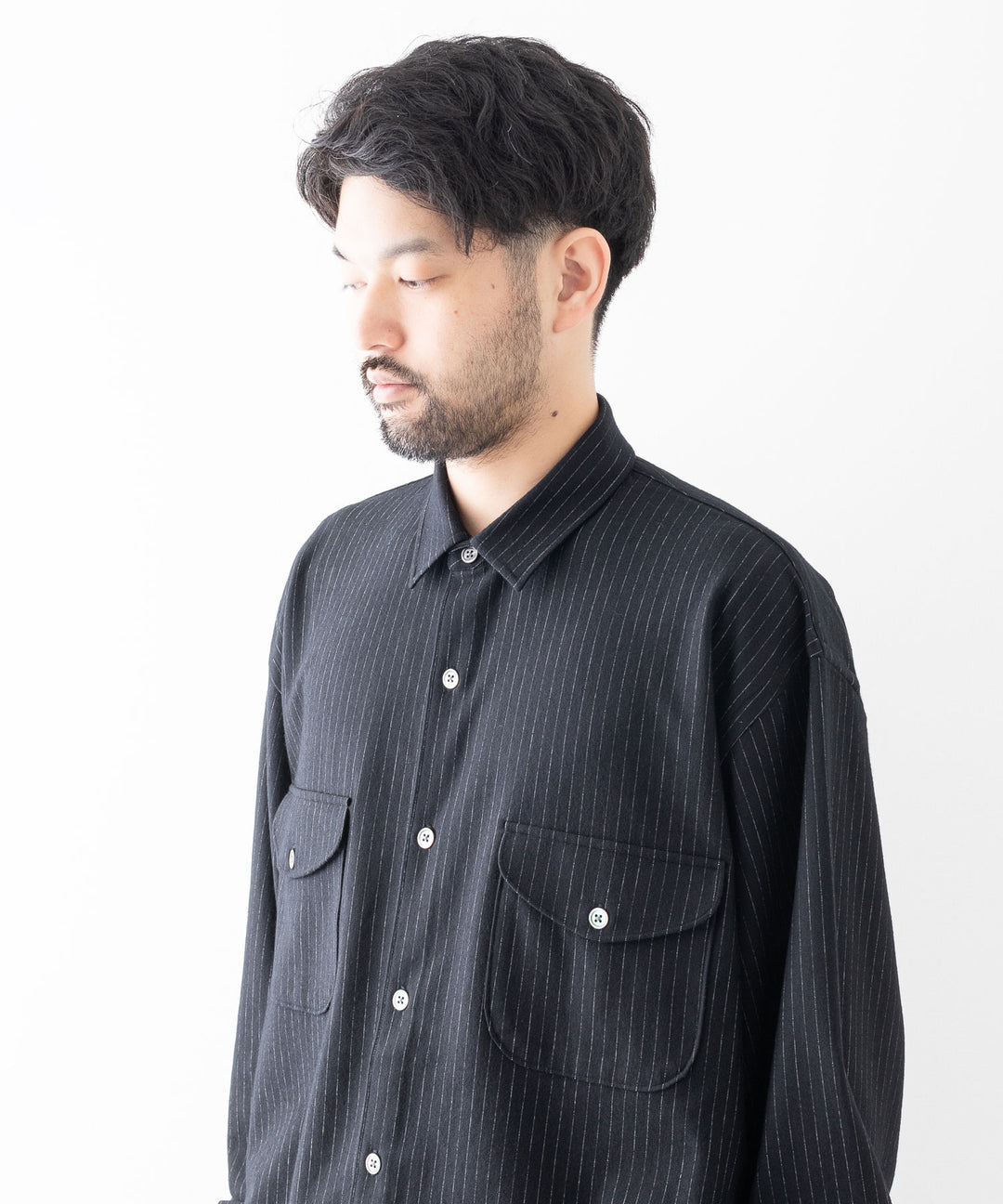 KANEMASA カネマサ HIGH GAUGE MILLED WOOL STRIPE SHIRTS - BLACK SP sessionセッション公式通販サイト