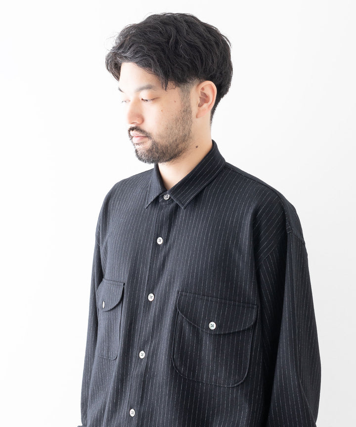 KANEMASA カネマサ HIGH GAUGE MILLED WOOL STRIPE SHIRTS - BLACK SP sessionセッション公式通販サイト