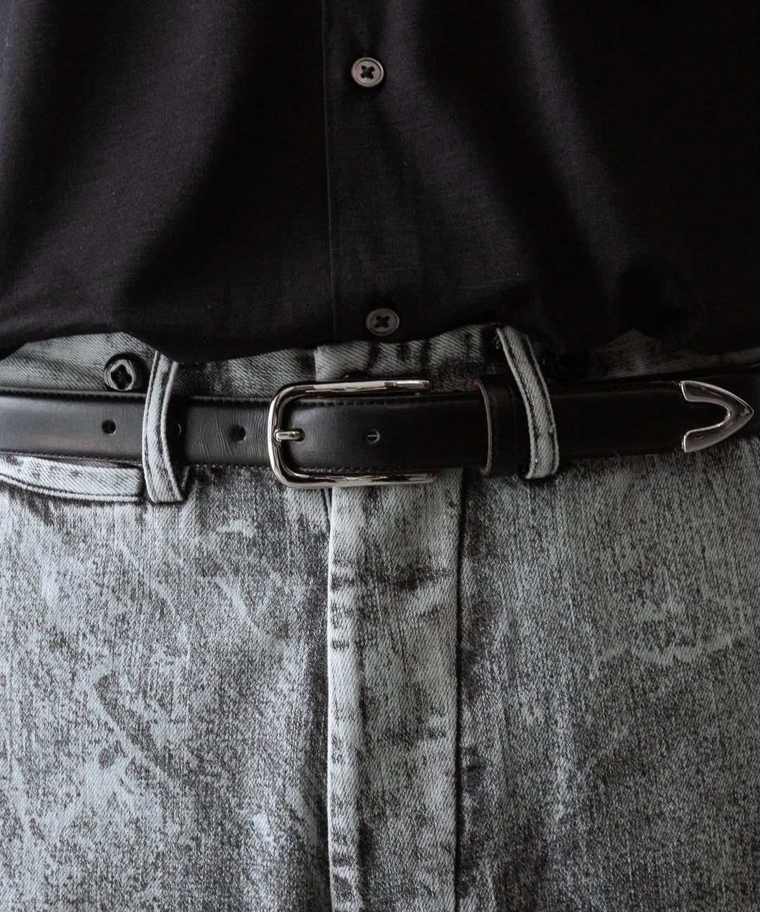 【INTÉRIM】DEADSTOCK SHINY CHROME ITALY CALF LEATHER DRESS BELT (25mm) - BLACK