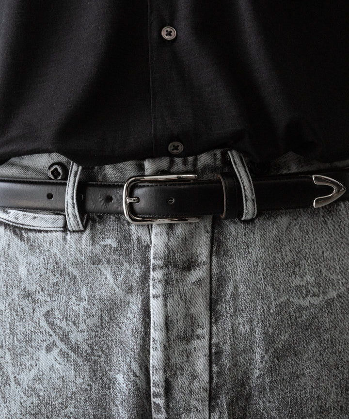 【INTÉRIM】DEADSTOCK SHINY CHROME ITALY CALF LEATHER DRESS BELT (25mm) - BLACK