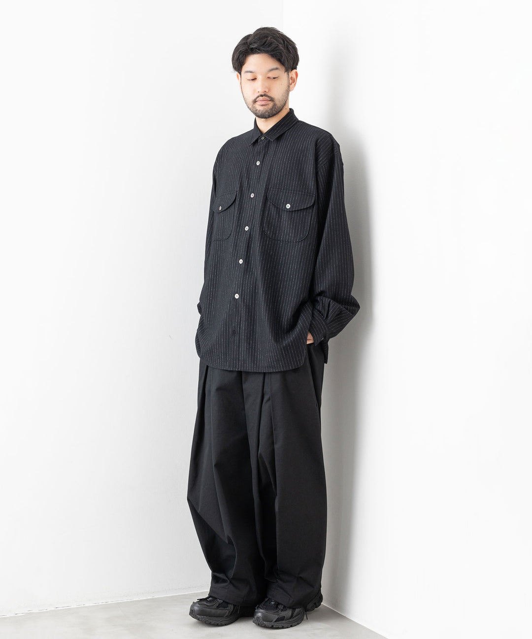KANEMASA カネマサ HIGH GAUGE MILLED WOOL STRIPE SHIRTS - BLACK SP sessionセッション公式通販サイト